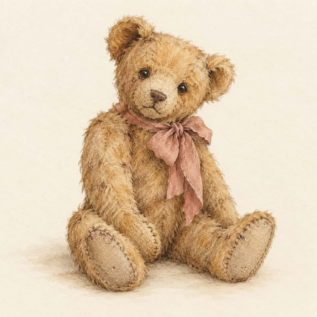 A vintage teddy bear with a muted rose ribbon, illustrated in warm cocoa ink